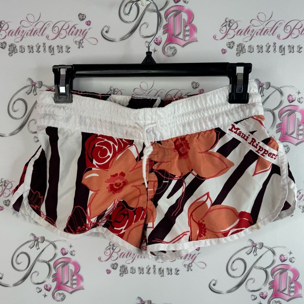 Maui Rippers shorts handmade Bali rare Women's Floral Shorts - White and Red